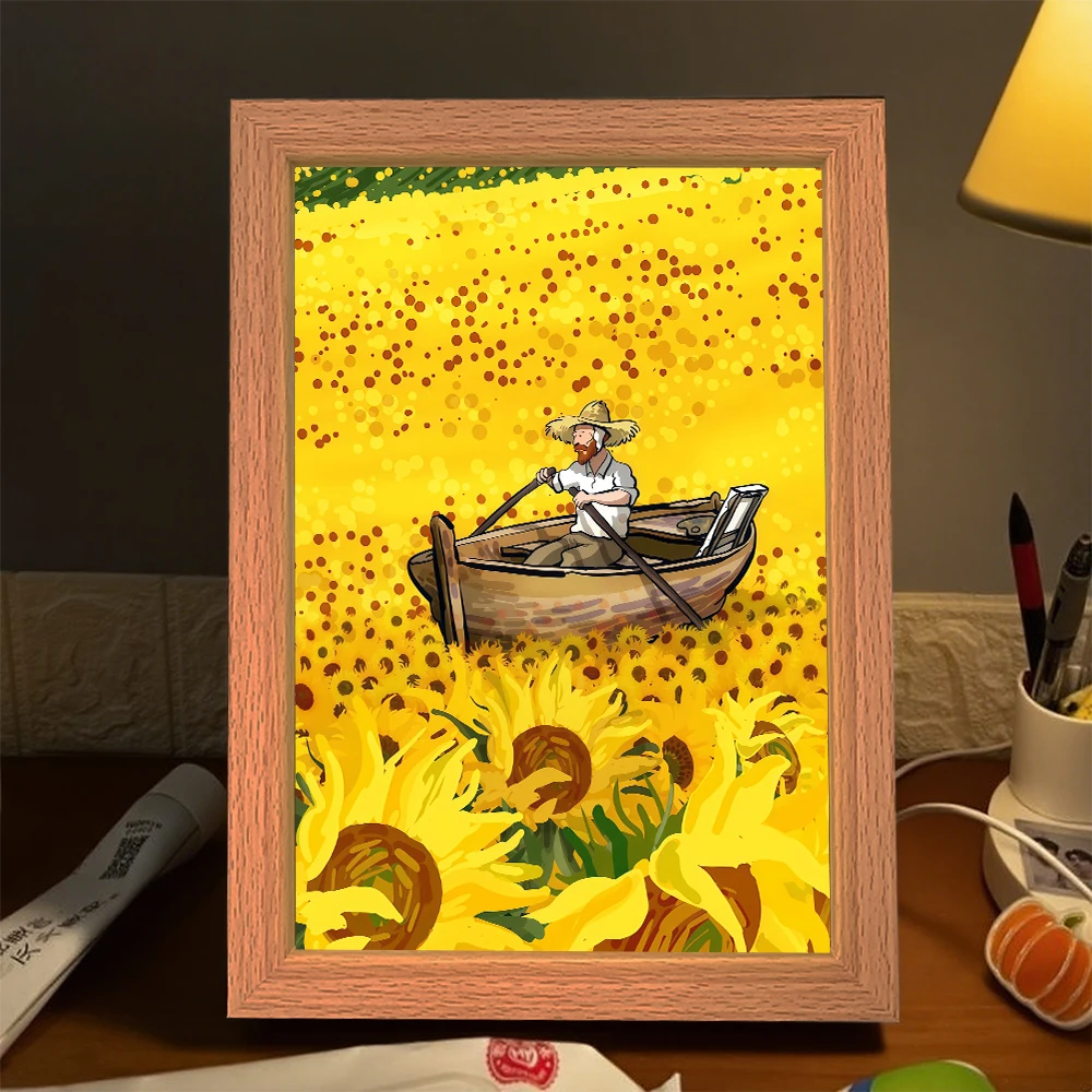 Lukisan Lampu LED Seni Van Gogh Seni Abstrak Hadiah Rumah Lampu Suasana Hati Pengisian Daya USB Dekorasi Ruangan Hadiah Lukisan Hadiah Ulang Tahun