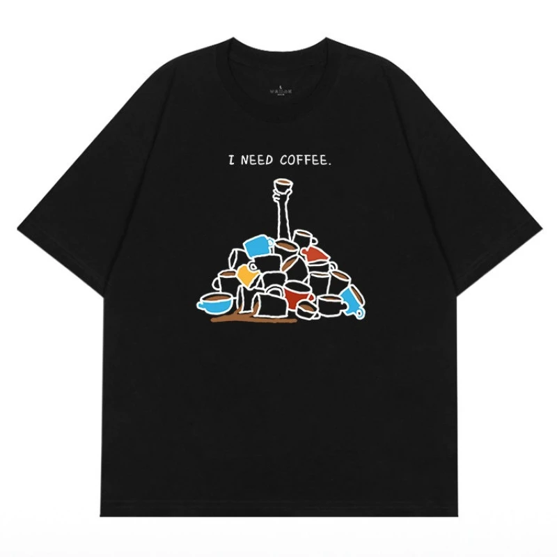 Coffee Short-Sleeved T-Shirt - Men's and Women's Summer Hand-Drawn Coffee Cup Print Casual Shirt