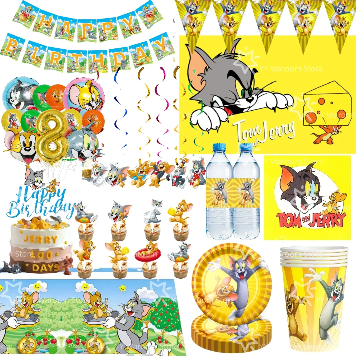 Tom und Jerry Geburtstagsparty-Dekoration, Papiergeschirr-Set, Tischdecke, Teller, Tassen, Servietten, Banner, Tom-Katzen-Party-Geschenke und -Zubehör