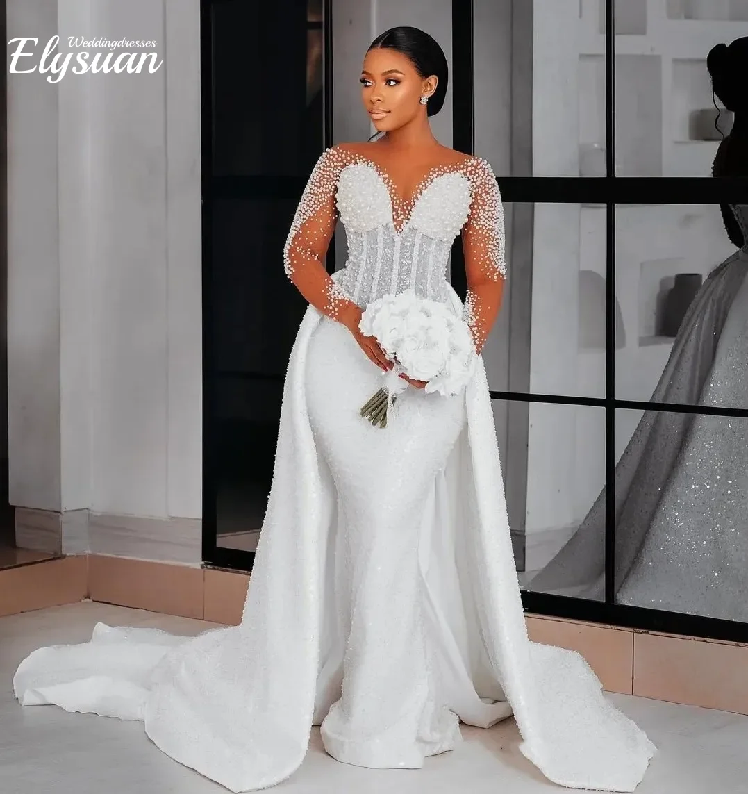 カスタマイズされたマーメイドウェディングドレス花嫁のためのブライダルガウン取り外し可能なトレインイリュージョンビーズレースクリスタル Vestidos De Noiva