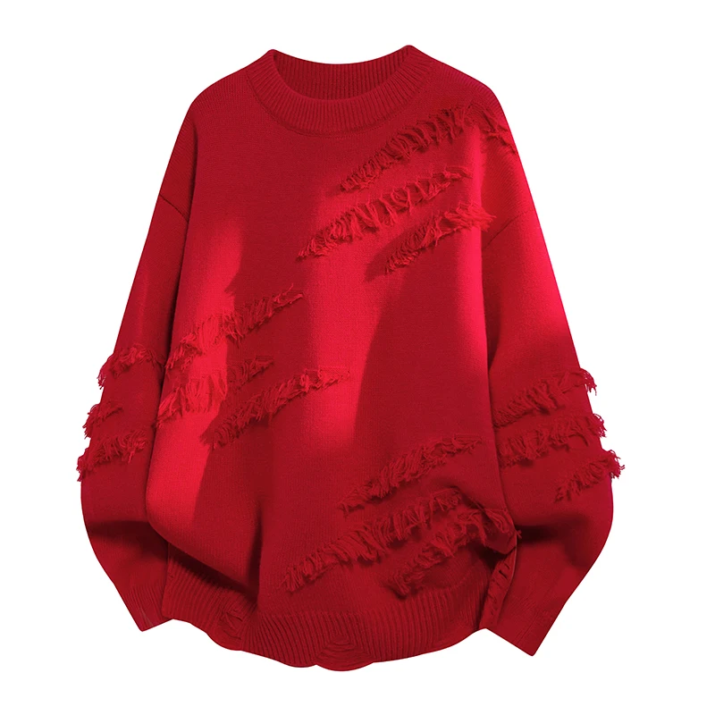 

Loose Fit Teenage Men's Knitted Sweater Red Luy Year Mo Fur Casual Sle Long Sve round Ne Pullover Resistant to...