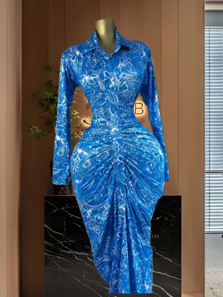 

Женское элегантное длинное платье с длинным рукавом и цветочным принтом с лацканами и рюшами, праздничное вечернее платье для дня рождения, клубный дизайн, Vestidos2026