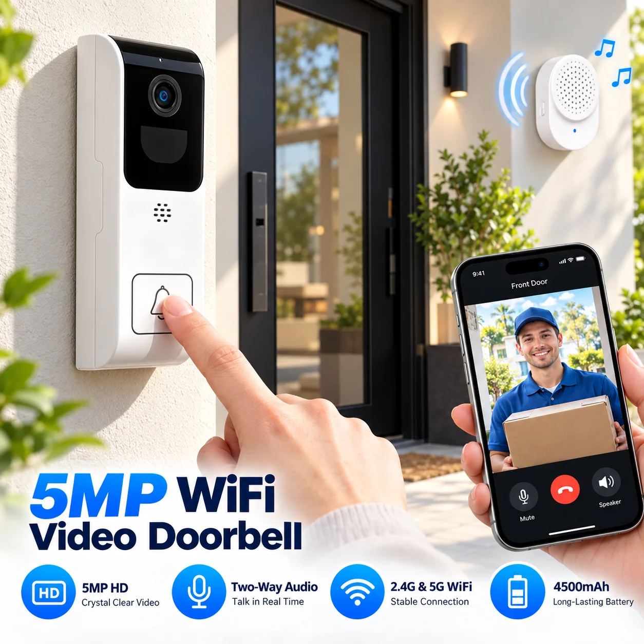 5MP WiFi Video Doorbell Camera 2.4G 5G Dual Band Smart Door Bell 4500mAh Battery Two Way Audio Phone Call Notification EseeCloud