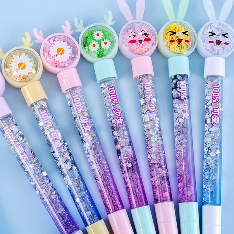 1PC Kawaii Rabbit Moon Liquid Quicksand Gel Pen Neutral Pen Sequins Decorate Signature Pen School Office Supply Stationery Gifts