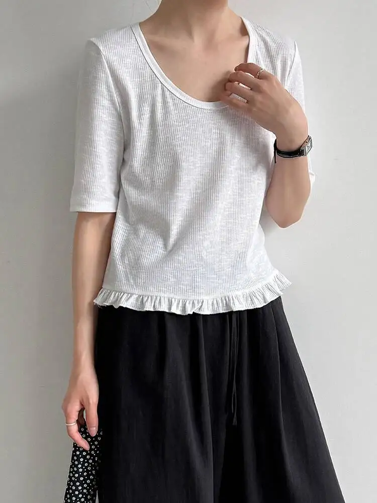 

Women White Black Ruffles Hem Thin Slim T-shirt New Round Neck Short Sleeve Fashion Tide Spring Summer