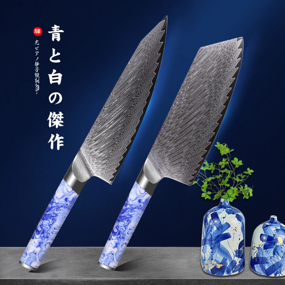 Pro Chef's Knife with Resin Handle, Damascus Steel, Japanese Kitchen Knife, Cleaver for Vegetable, White and Blue, High Quality