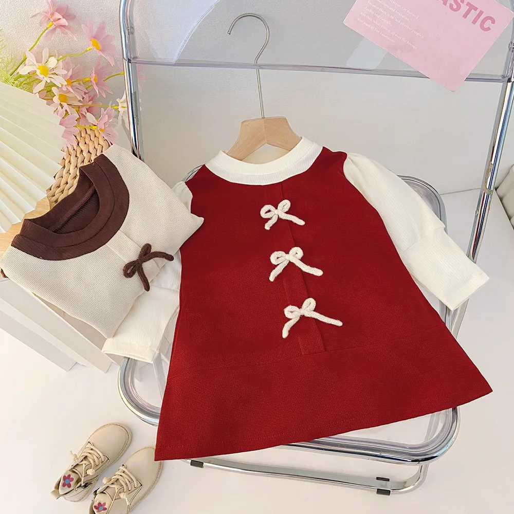 

Весенне-осеннее новое корейское платье, красное милое и милое платье с детским бархатом для детей 3-7 лет