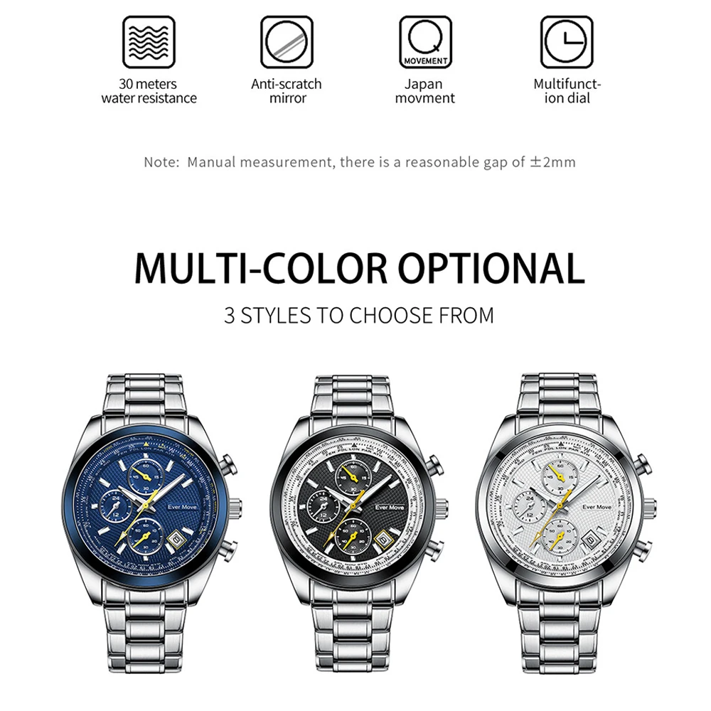 Ever Move High Quality Luxury Men\'s Watches Stainless Steel Fashion Quartz Wristwatches Male Auto Date Clock With Luminous Hands