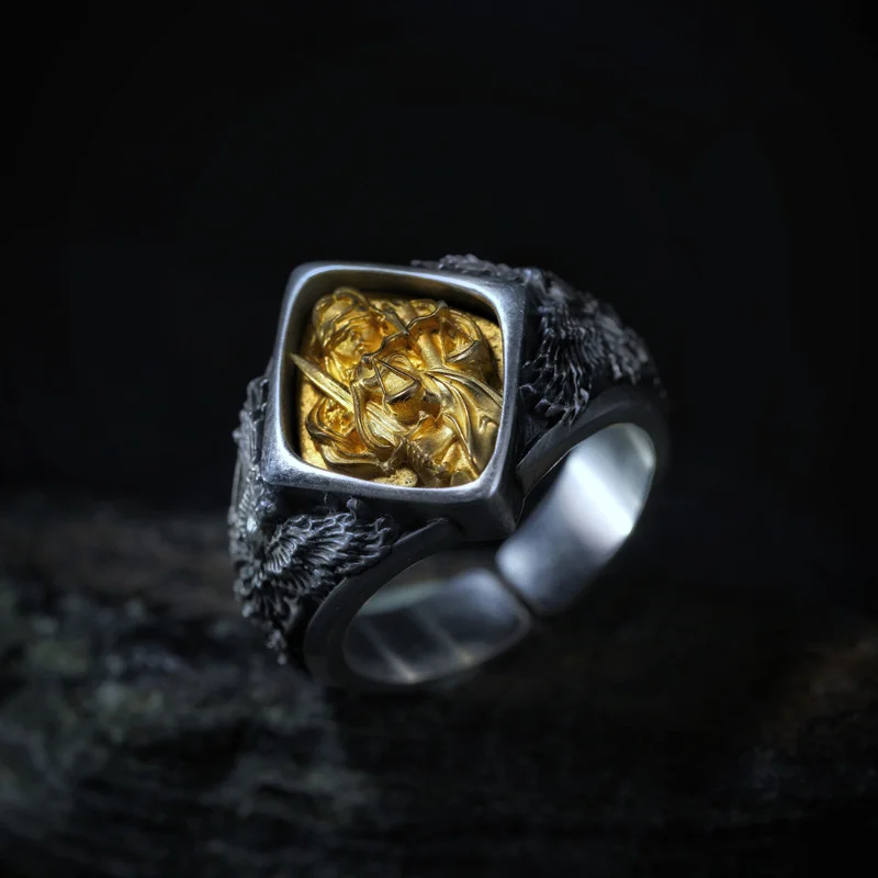 Exquisite Carving Justinian Goddess Ring For Men Index Finger Accessories Vintage Gold Silver Collision Ring Male Blessing Gift