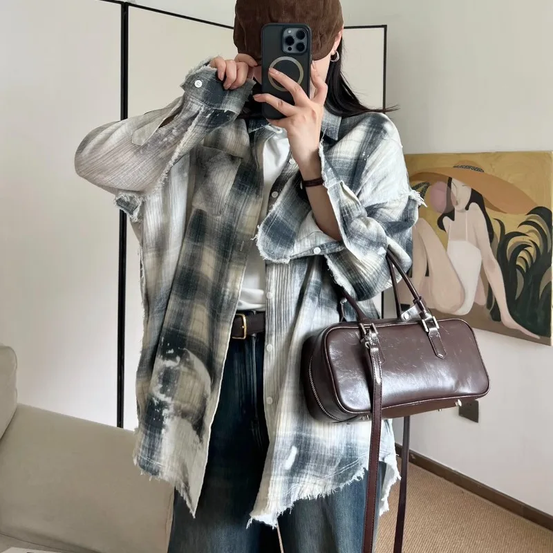 

2024 Spring Style High-end Heavy-duty Washed Irregular Black and White Distressed Plaid Women's Shirt