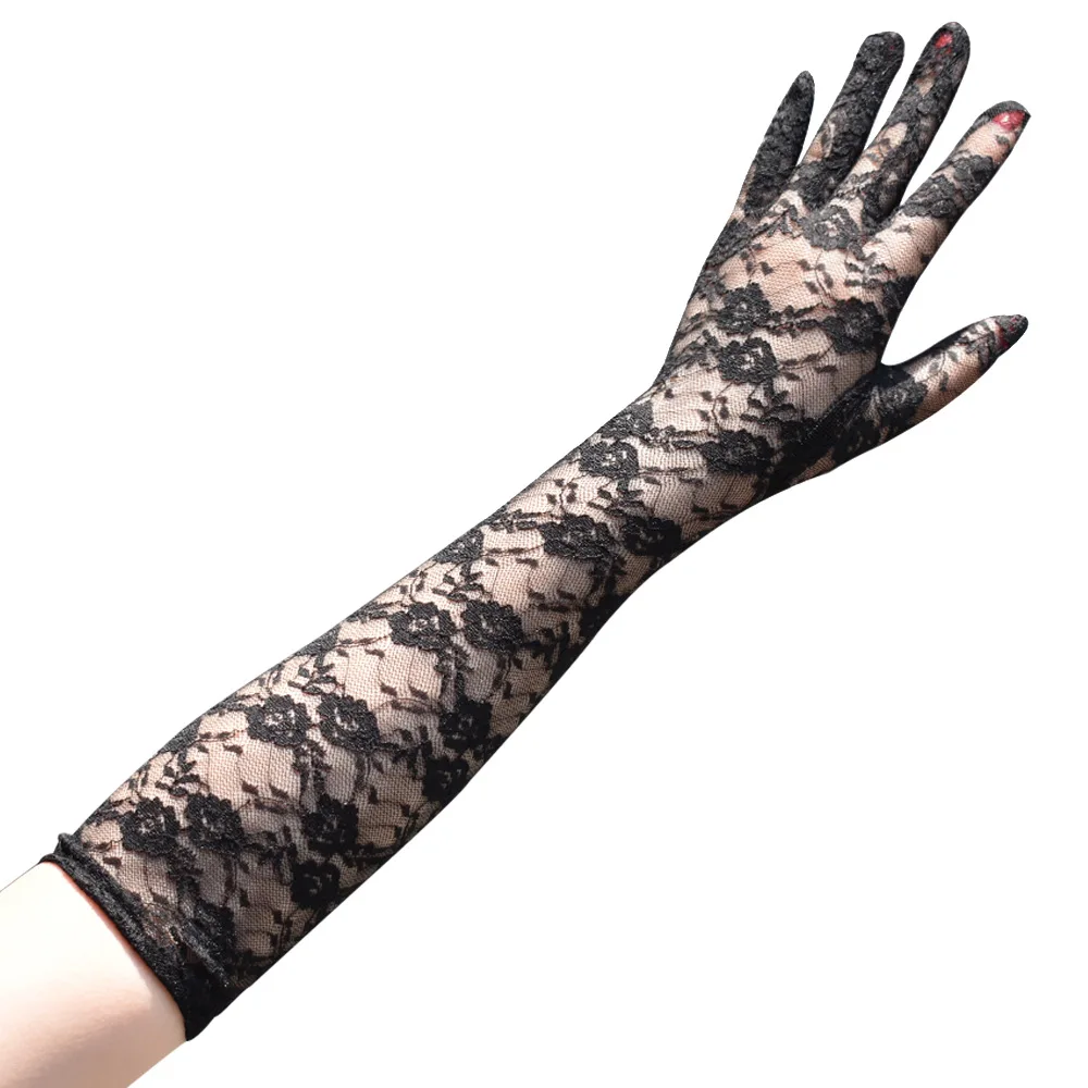 Guantes largos transparentes de encaje Floral para mujer, manoplas sexys hasta el codo, accesorios de fiesta de noche, negro, blanco y rojo