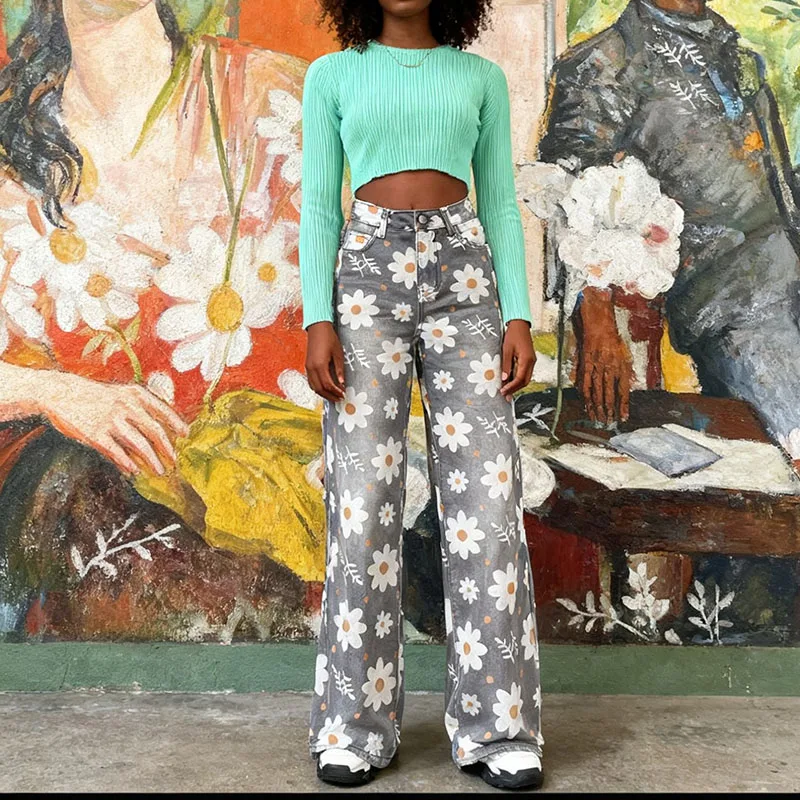 

2025 Autumn Women's Y2K Jeans American High Waist Daisy Embroidery Denim Pants Loose Wide Leg Slimming Trousers