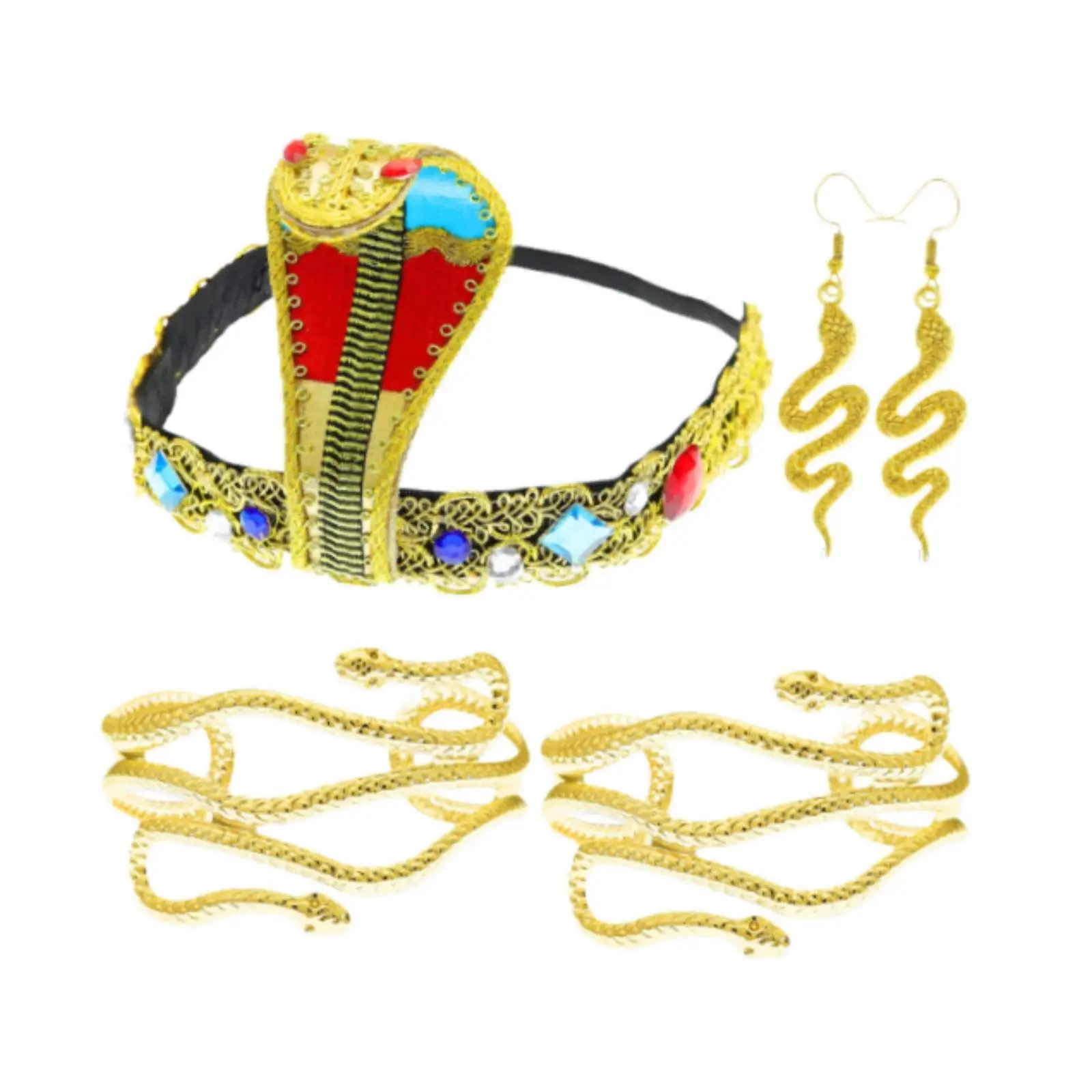 Set di accessori per costumi egiziani, bracciali, orecchini pendenti in oro per donna