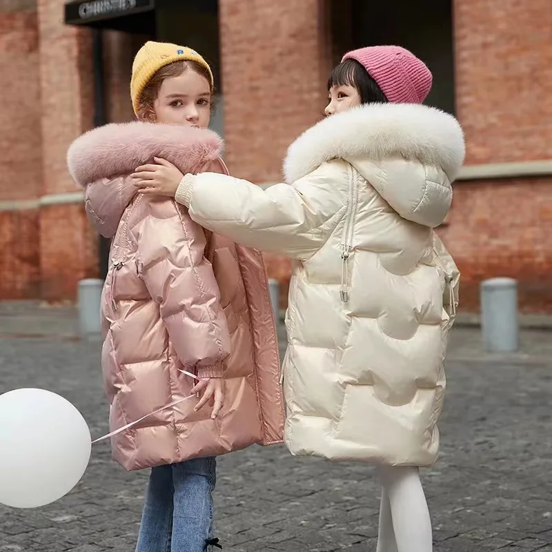 

Girls Glossy Jackets Kids Thicken Warm Outerwear Fashion Hooded Coats Teens 2024 New Cotton Overcoat Winter Casual Parkas