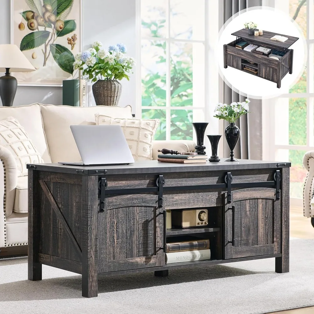 

Farmhouse Lift Top Coffee Table with Sliding Door, 48" Large Rustic Center Table with Hidden Storage Compartment, Lifting Table