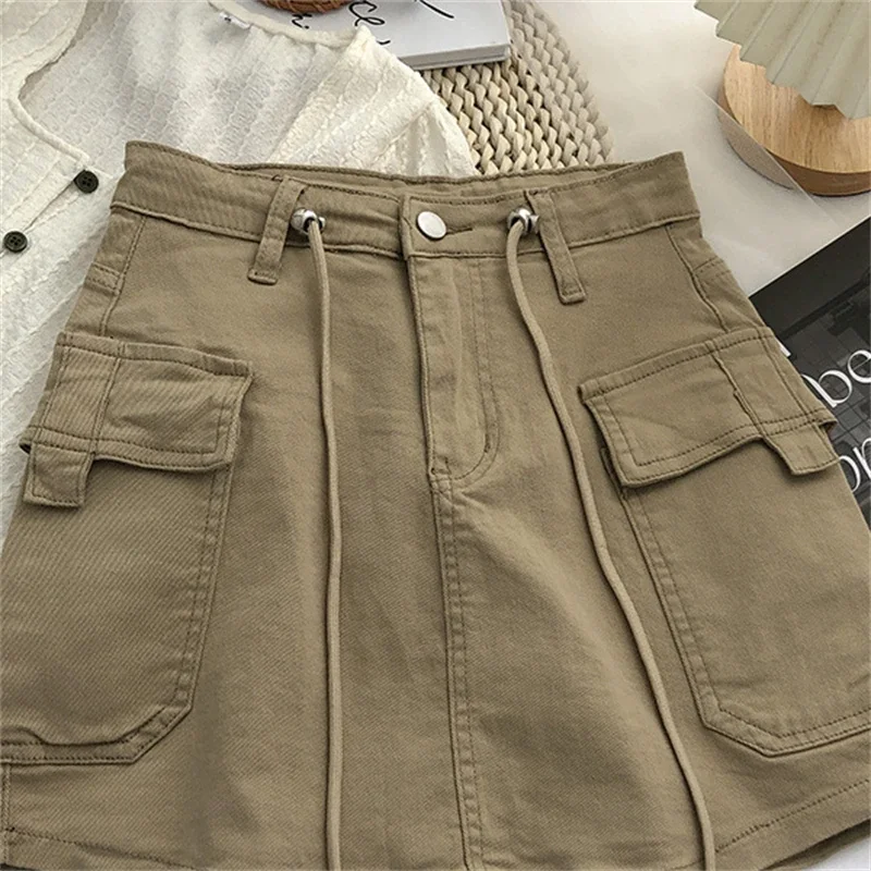 Oversize Pockets Lace-Up Vintage Denim Skirt Summer Loose Casual Solid Mini Skirts Spring Korean Fashion Faldas Women Clothes