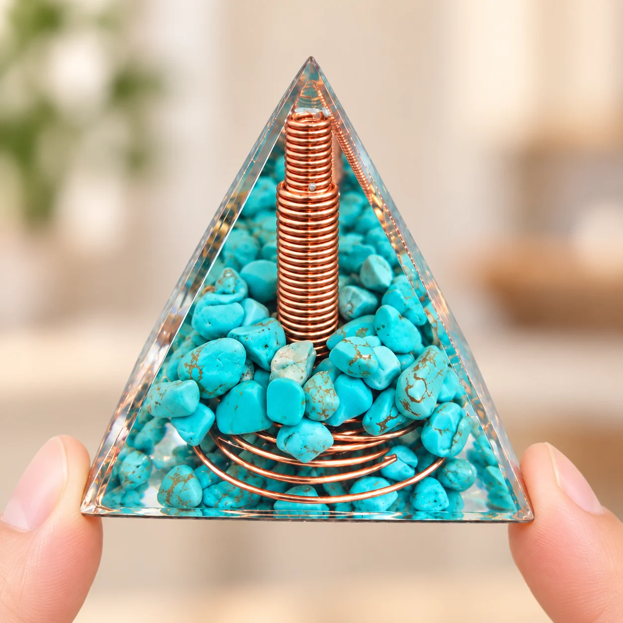 Turquoise Orgone Pyramid with Copper Coil Natural Gemstone Chips Orgonite Energy Generator Meditation Home Decor Resin Gift