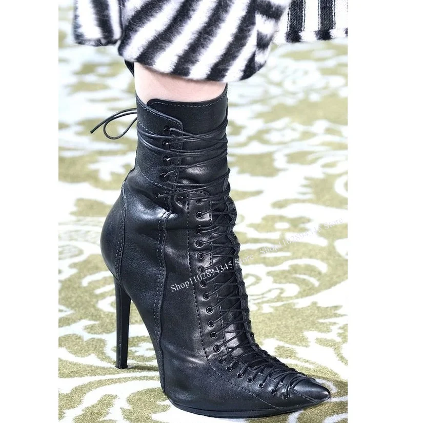 

Black Crossover Strap Pointed Toe Boots Thin High Heel Mid Calf Fashion Cool Sexy Summer 2023 Woman Shoes Zapatillas Mujer