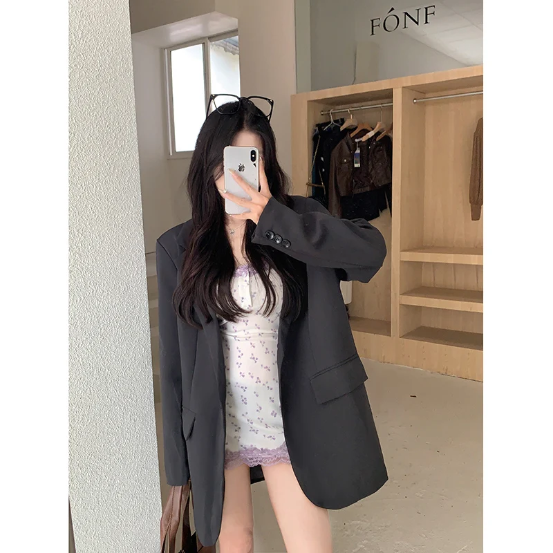 Woman's Spring/summer British Style Short Long-sleeved Blazer Coat Commuting Solid Color Loose Single-breasted Suit Collar Coat