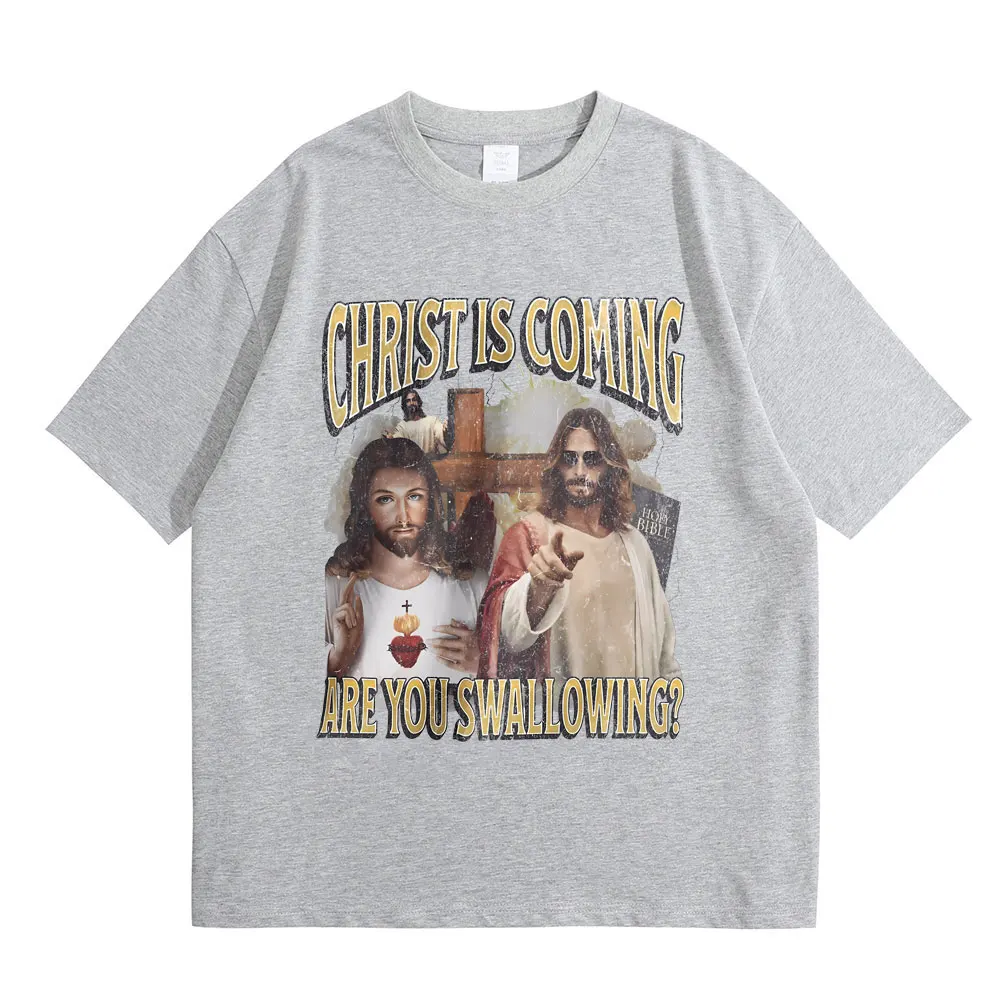 المسيح قادم هل أنت نبتلع تي شيرت مضحك يسوع الجرافيك تي شيرت مطبوع الذكور موضة المتضخم التي شيرت الرجال عادية تيز #5