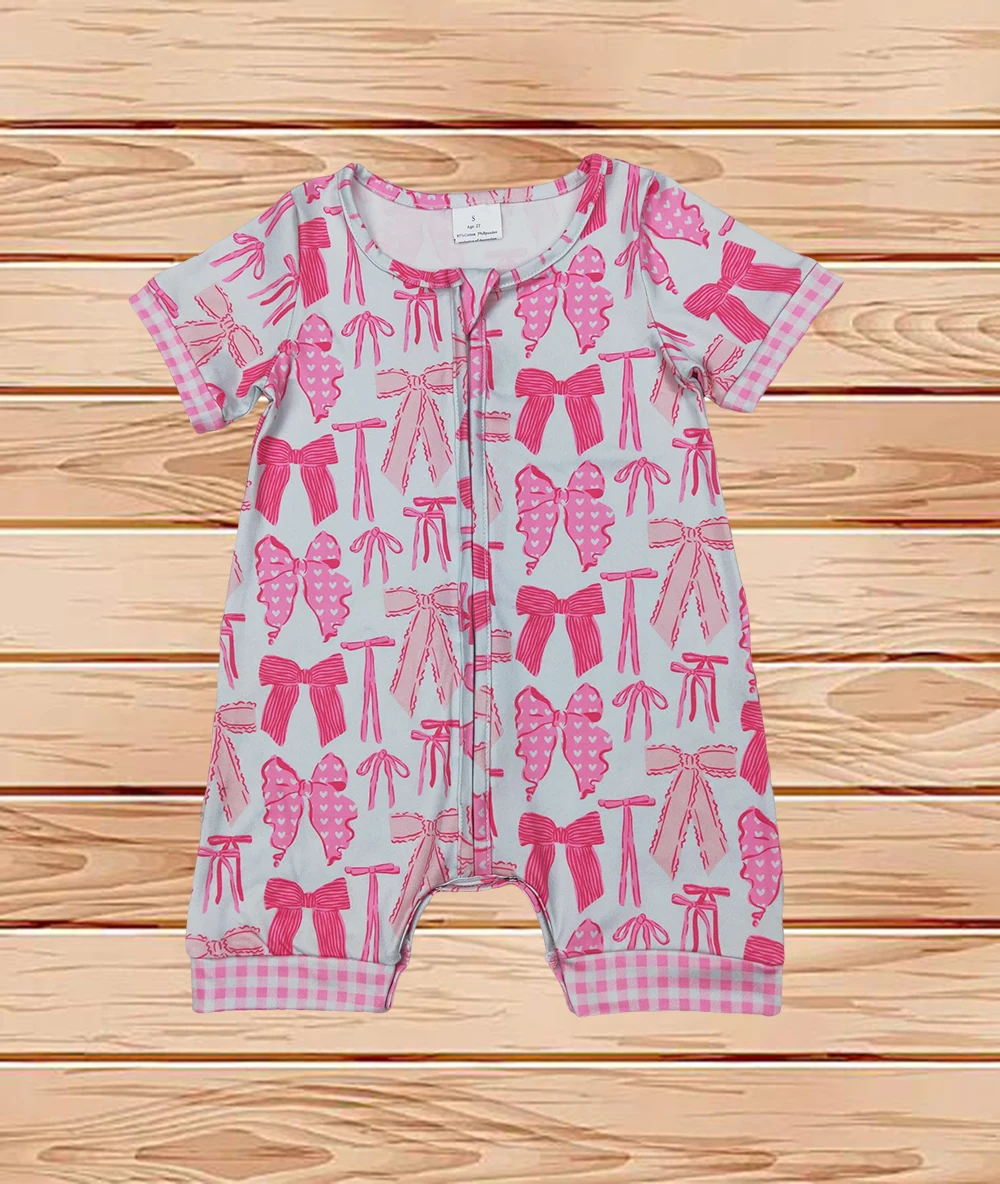

4.1 Wholesale western boutique onesies Newborn toddler Baby Infant Girls Pink Bows Zip Short Sleeve Rompers