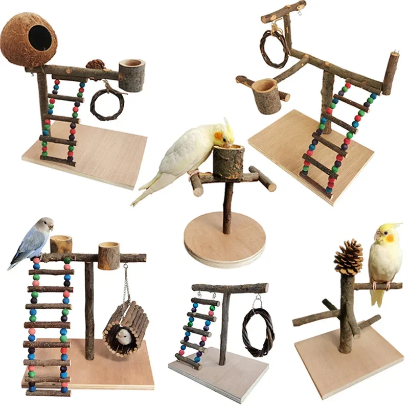 Solid Wood Parrot Stand Training Bird Stand Parrot Toy Wooden Pole Ladder Game Small Pet Interactive Amusement Park Desktop