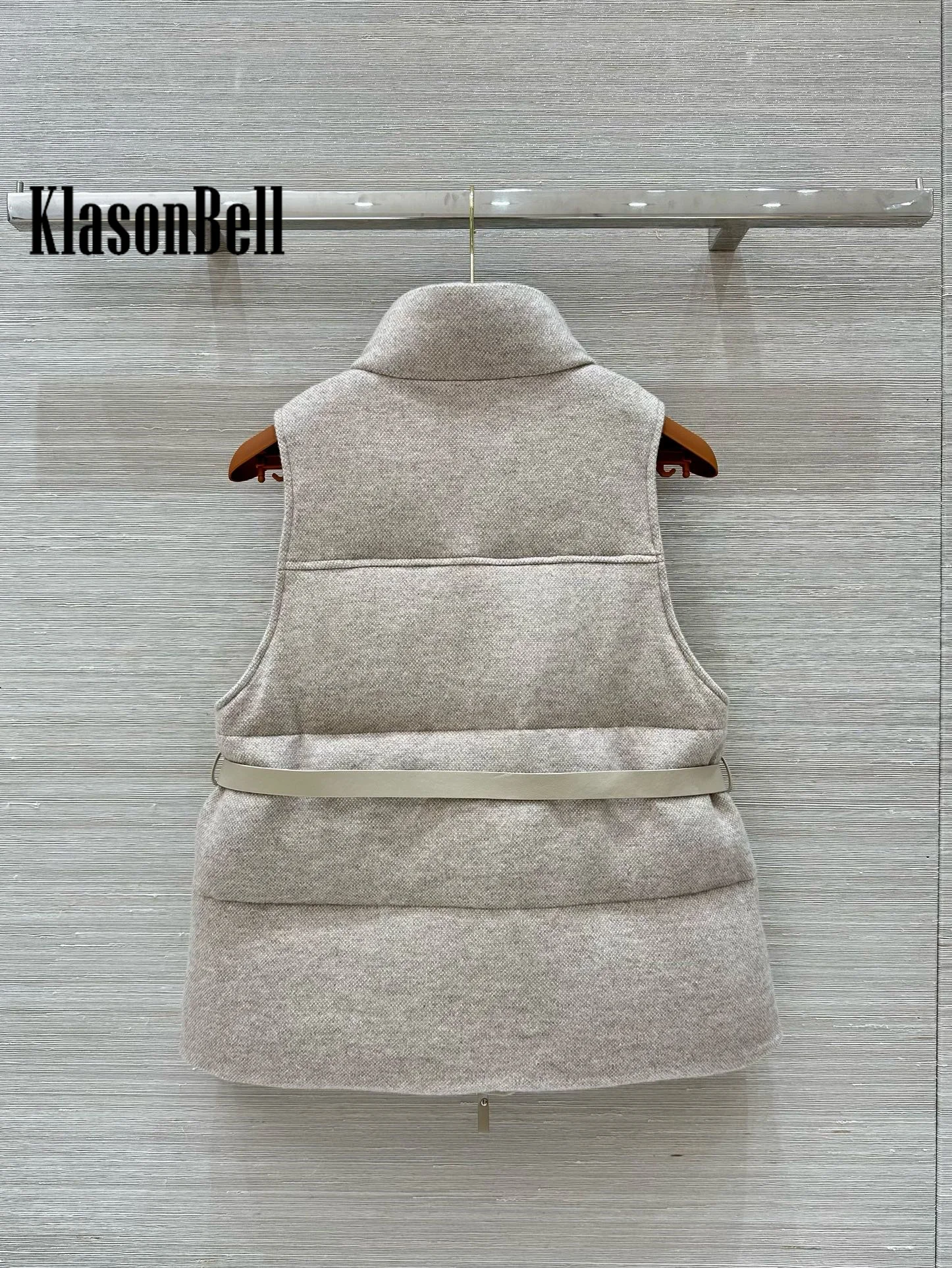 9.9 KlasonBell Women Stand Collar Wool Goose Down Vest With Real Leather Sashes Classic Sequins Cashmere Knit Down Zipper Vest