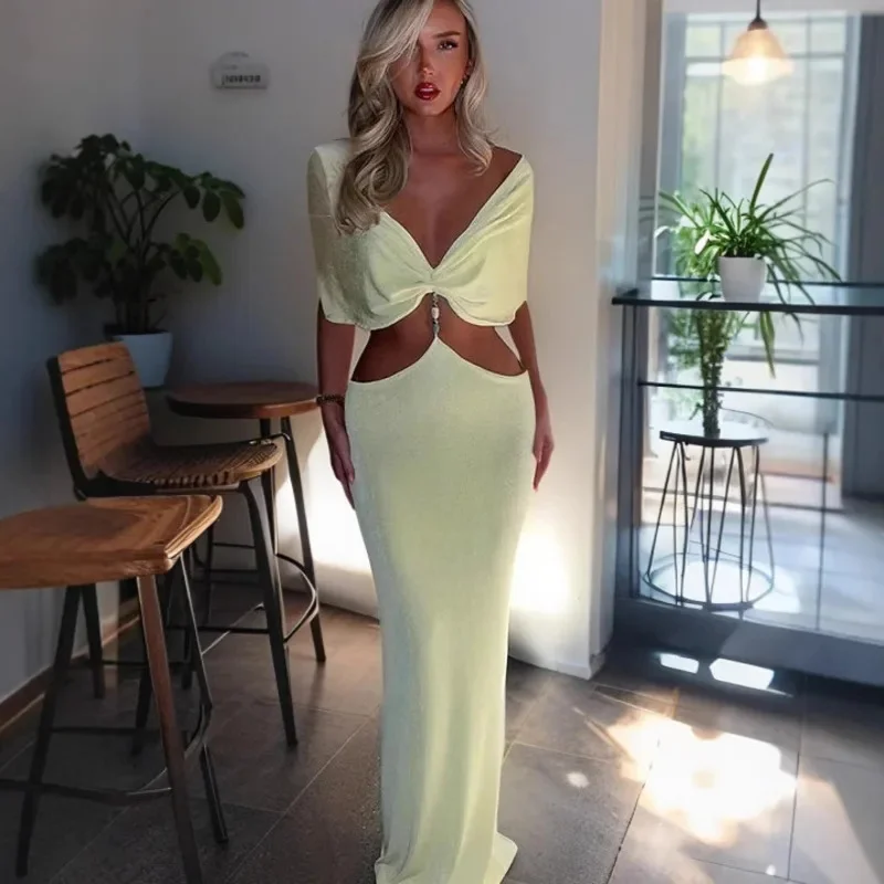 セクシーなスリムフィットワンショルダーロングドレス、カットアウトディテール付き夏スリムフィットボディコンドレスエレガントなレディースイブニングドレス宴会用