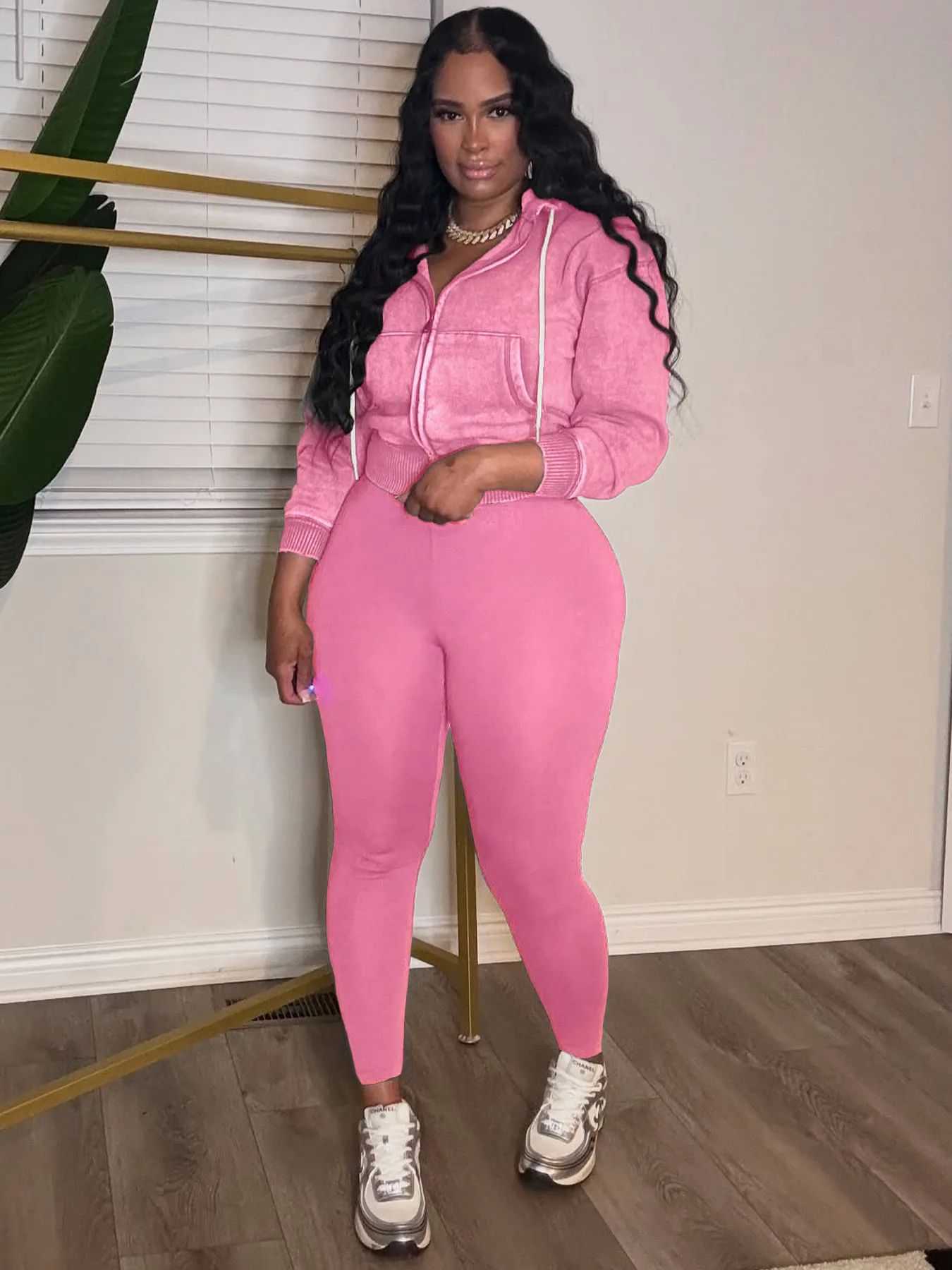 Kliou Casual Sportivo Set da 2 pezzi Donna Tendenza autunnale Giacca con cappuccio con coulisse stile lavato + Pantaloni da yoga solidi Tuta semplice quotidiana