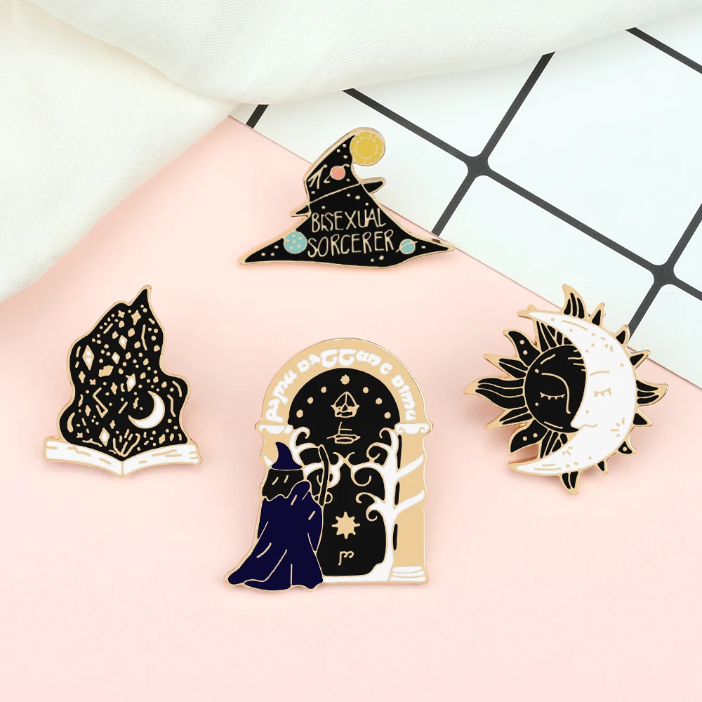 Gothic Black Witch Hat Book Brooches Punk Magical Potion Door Fire Sun Moon Lapel Pins Cool Backpack Jewelry Enamel Badges Gifts