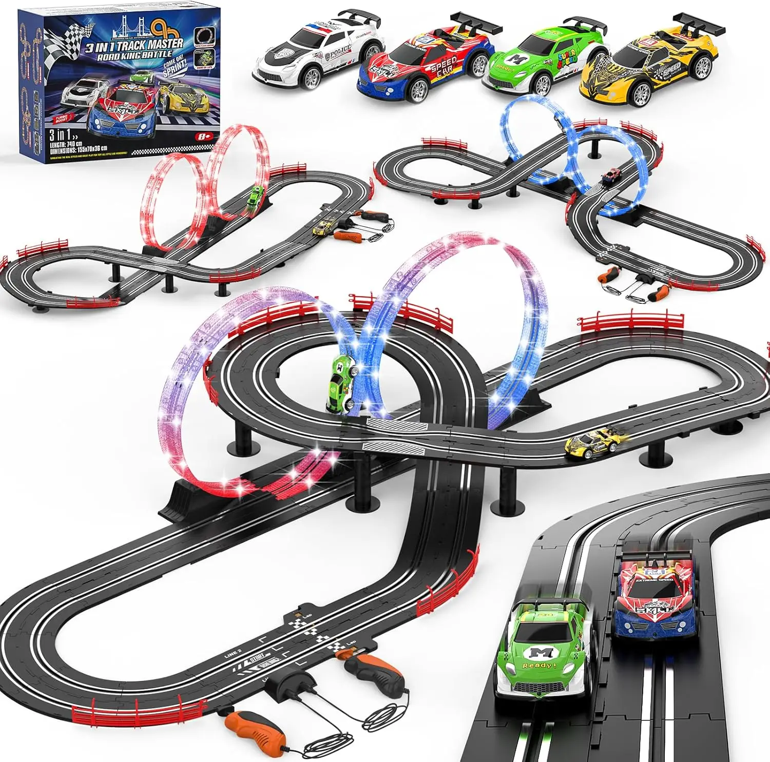 Electric Slot Car Race Track Set with 4 High-Speed Cars, 3-in-1 Circular Overpass Tracks, 1:43 Scale Remote Control Racing Game Toy Gift for Adults & Boys Ages 6-12