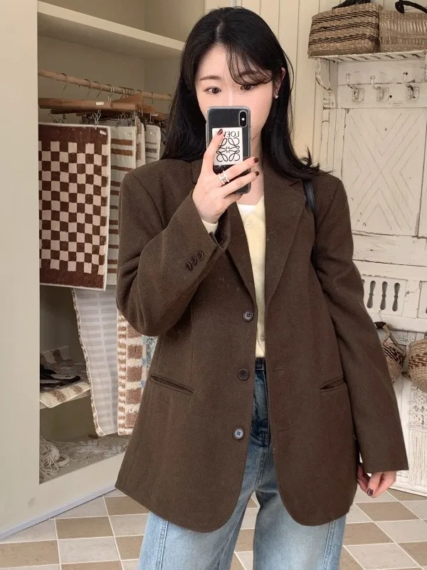 

Retro Chic Woolen Coat Women's Loose Single Button Suit Sle Knitwear Long Sve Regular Length Single Button Closure