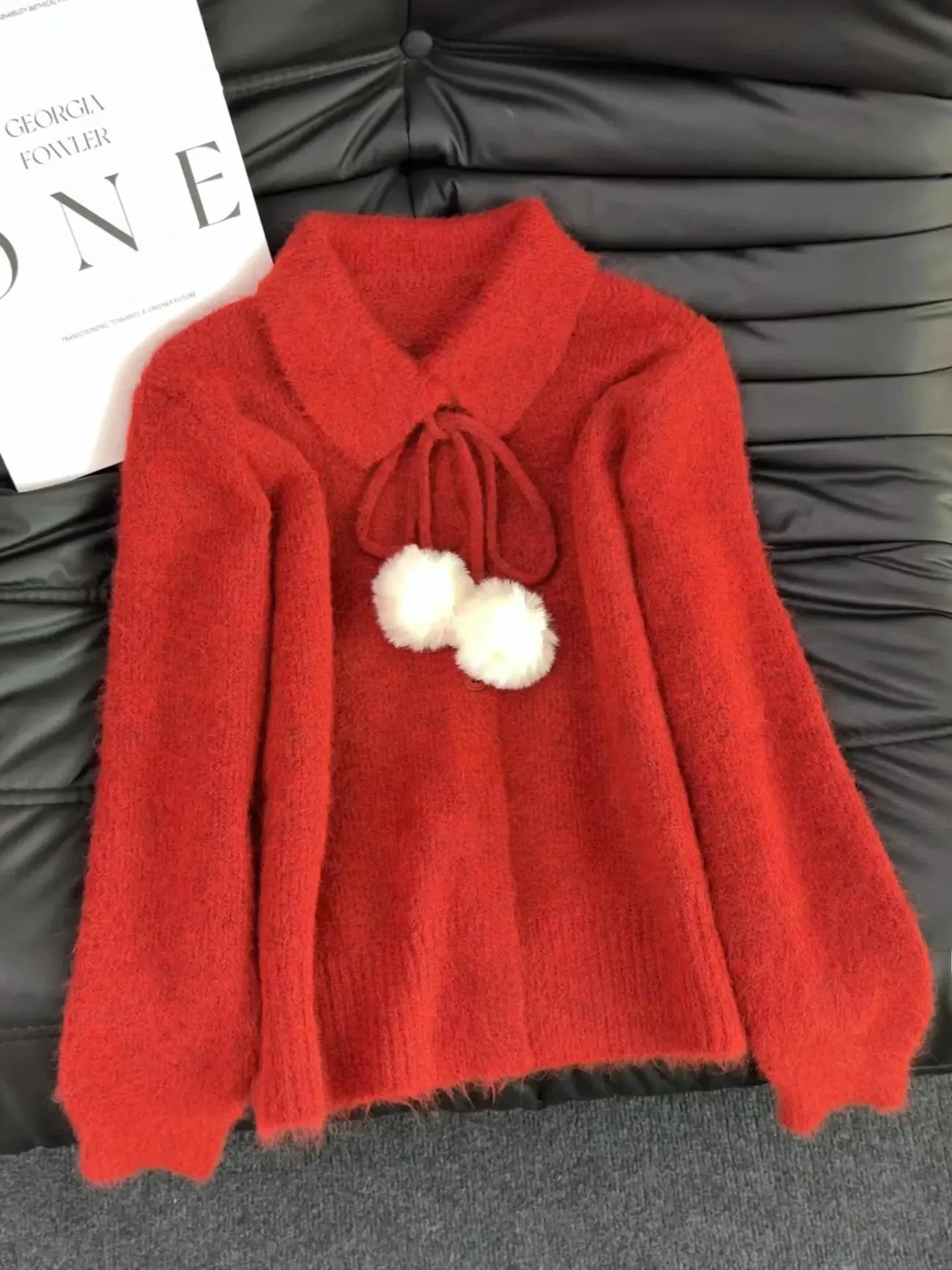 

Красный вязаный свитер, женский свободный теплый зимний модный корейский Sle Lazy Sle, утягивающая верхняя одежда, новогоднее ощущение