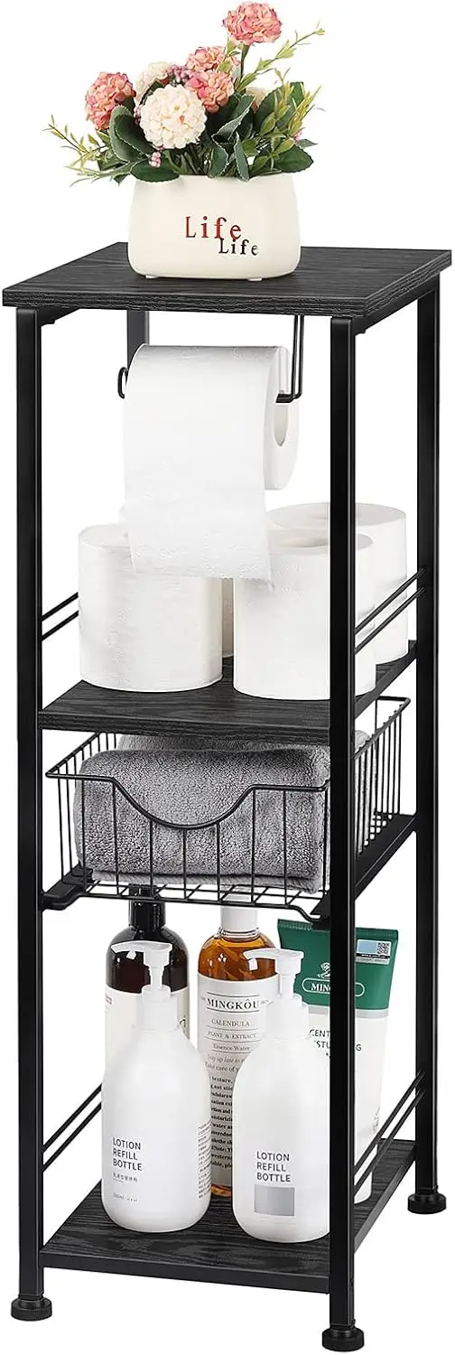 

Black Small Bathroom Side Shelf with Drawer Narrow Storage Cabinet Towel Organizer for Bathroom Laundry Kitchen Pantry