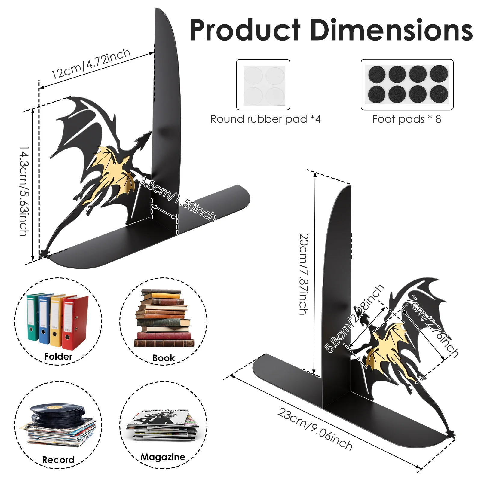 2 Pcs Dragon Bookend L-shaped Book End Set Metal Desktop Book Holder Creative Decorative Dragon Bookshelf for Home Office Desk