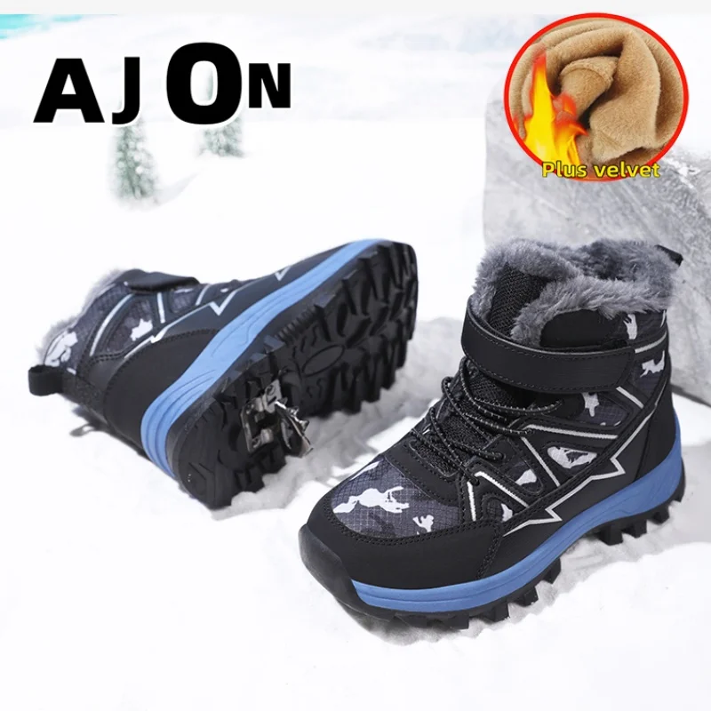 Zapatos de senderismo al aire libre de algodón impermeables de alta calidad para niños de invierno botas de nieve antideslizantes con garra de acero botas para niños con forro de felpa