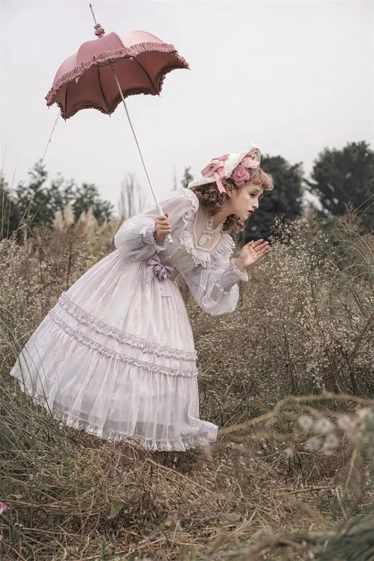 Abito Principessa Lolita Taglia Grande L-4XL, Stile Pastorale Primavera-Autunno, Maniche Lunghe, Vita Alta con Volant, Colore Viola Chiaro