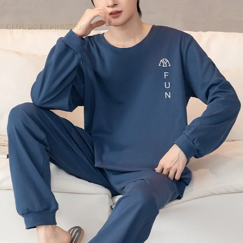 Spring Autumn Knitted Cotton Long Sleeved Men\'s Pajamas Sets Male Pajama Set Letter Pajama For Men Sleepwear Suit Homewear 3XL