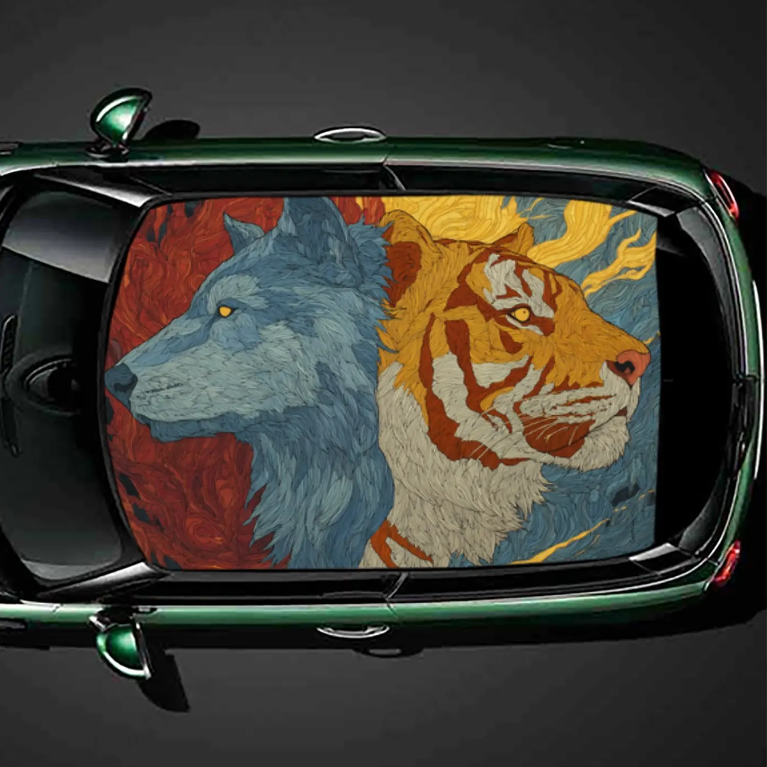 

Artistic Ice & Fire Wolf & Tiger Car Roof Vinyl Wraps Sticker, Auto Decal, Artistic Vehicle Decoration, Self-adhesive Waterproof