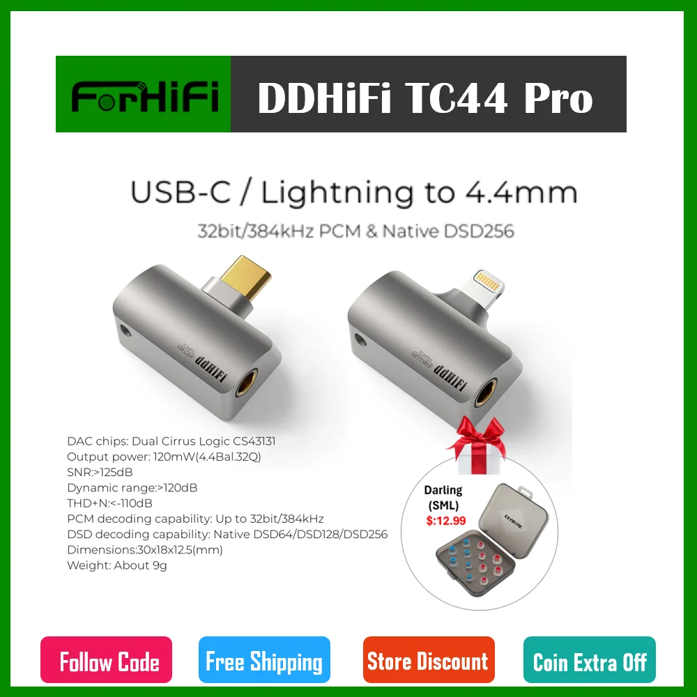 

DD DdHiFi TC44 Pro USB-C / Lightning To 4.4mm Balanced Dongle for Android Ios Dual CS43131 DAC Chips, 32bit/384kHz PCM DSD256