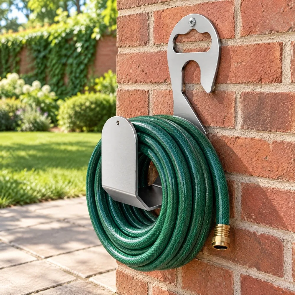 Stainless Steel Wall Mounted Hose Holder for Garden Space Saving Solution Prevents Tangling Supports Multiple Hose Types