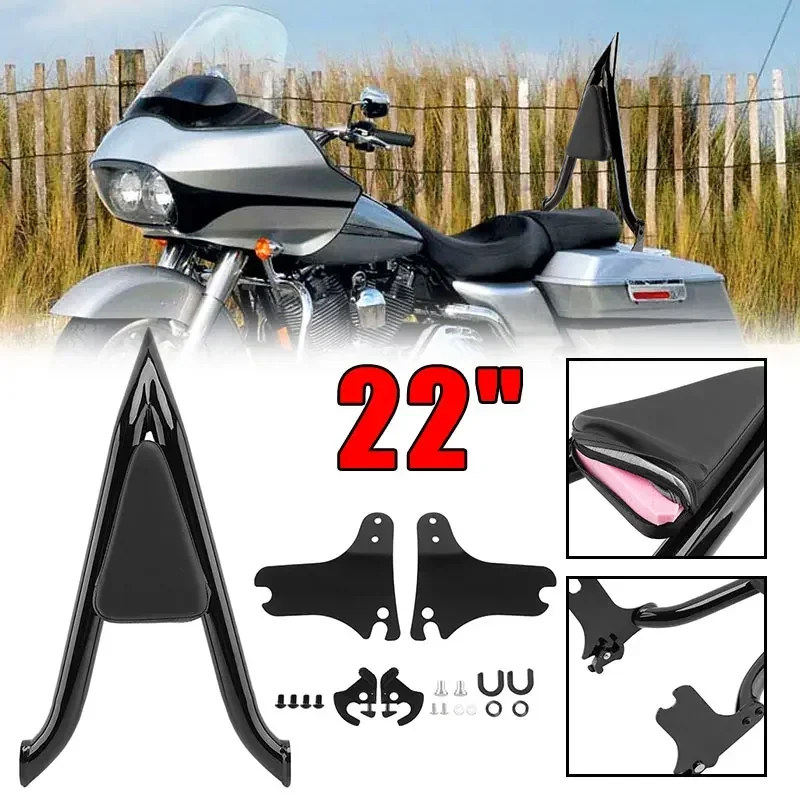 22" Black Motorcycle Sissy Bar Detachable Rear Passenger Backrest For Harley Touring Road King Road Street Glide FLHT 97-08