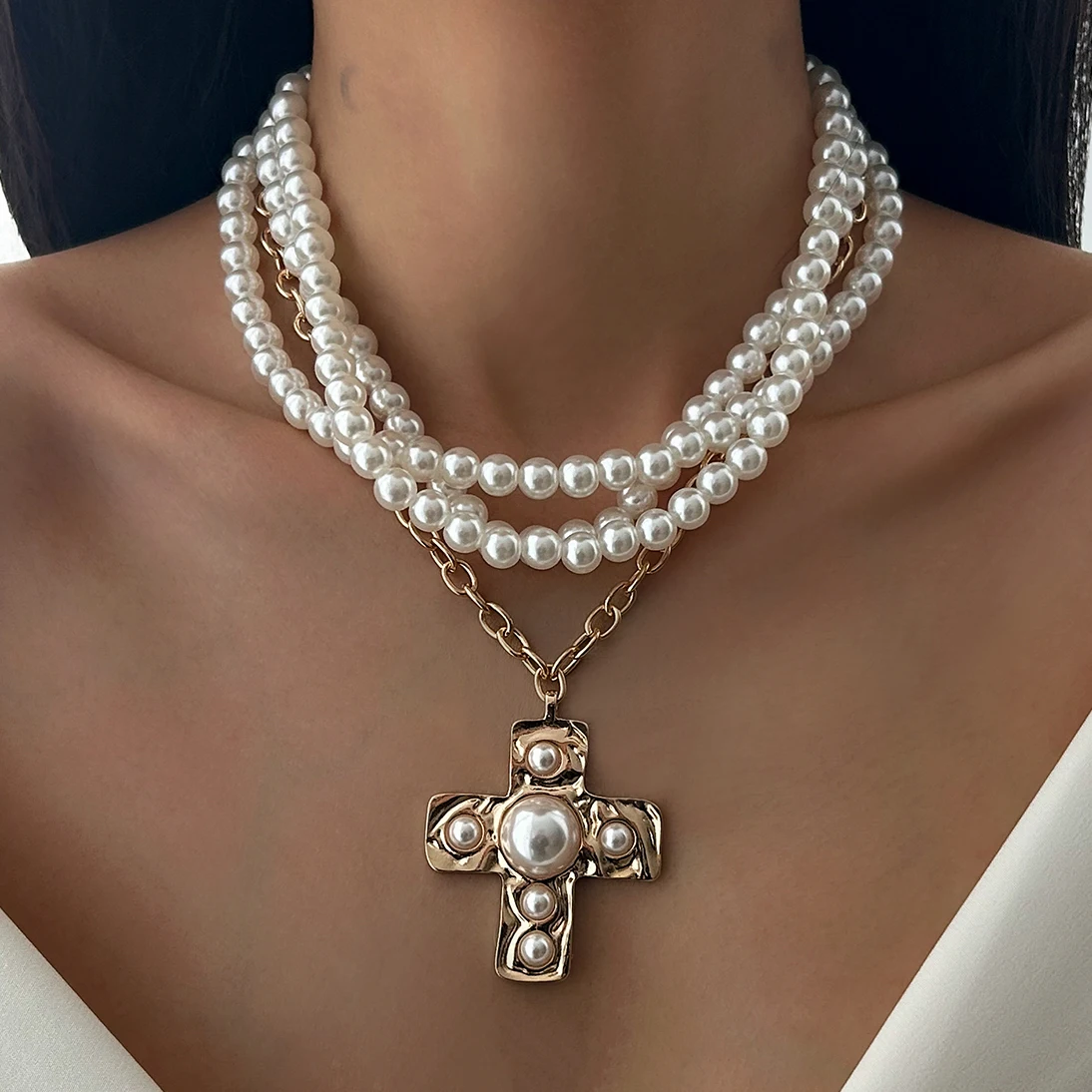 

KunJoe Elegant Multilayer Smooth Imitation Pearl Long Necklace for Women Trend Jesus Cross Pendant Necklace Banquet Neck Jewelry