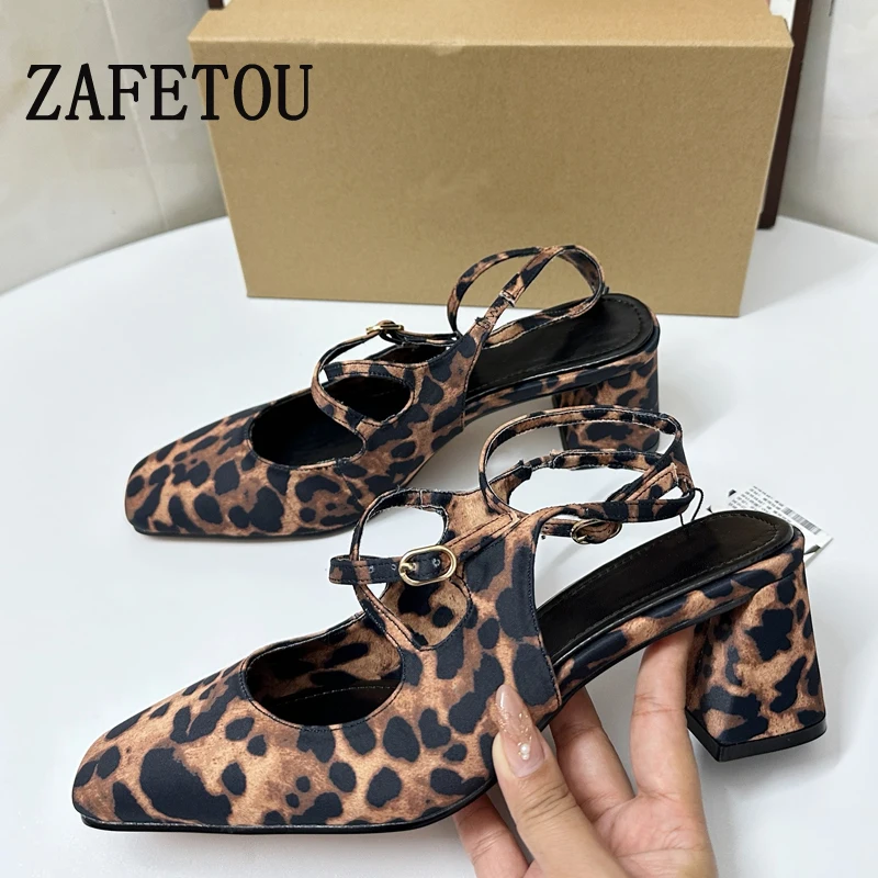 

Zafetou Woman Shoes 2024 Trend Autumn New Elegant Ankle Strap Square Headed Leopard Print Thick Heeled Shoes With High Heels