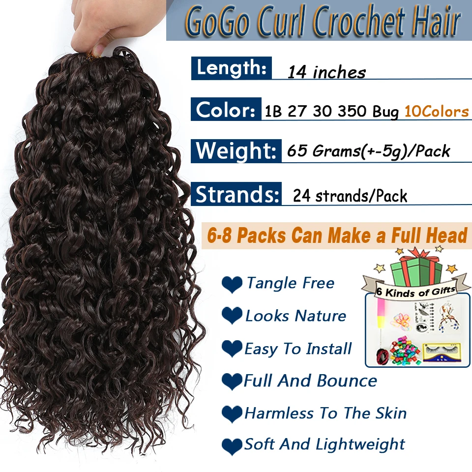 1-6 Packs GoGo Curl Crochet Hair 14 Inch Short Curly Crochet Hair For Women Kids Water Wave Beach Curl Deep Twist Crochet Braids