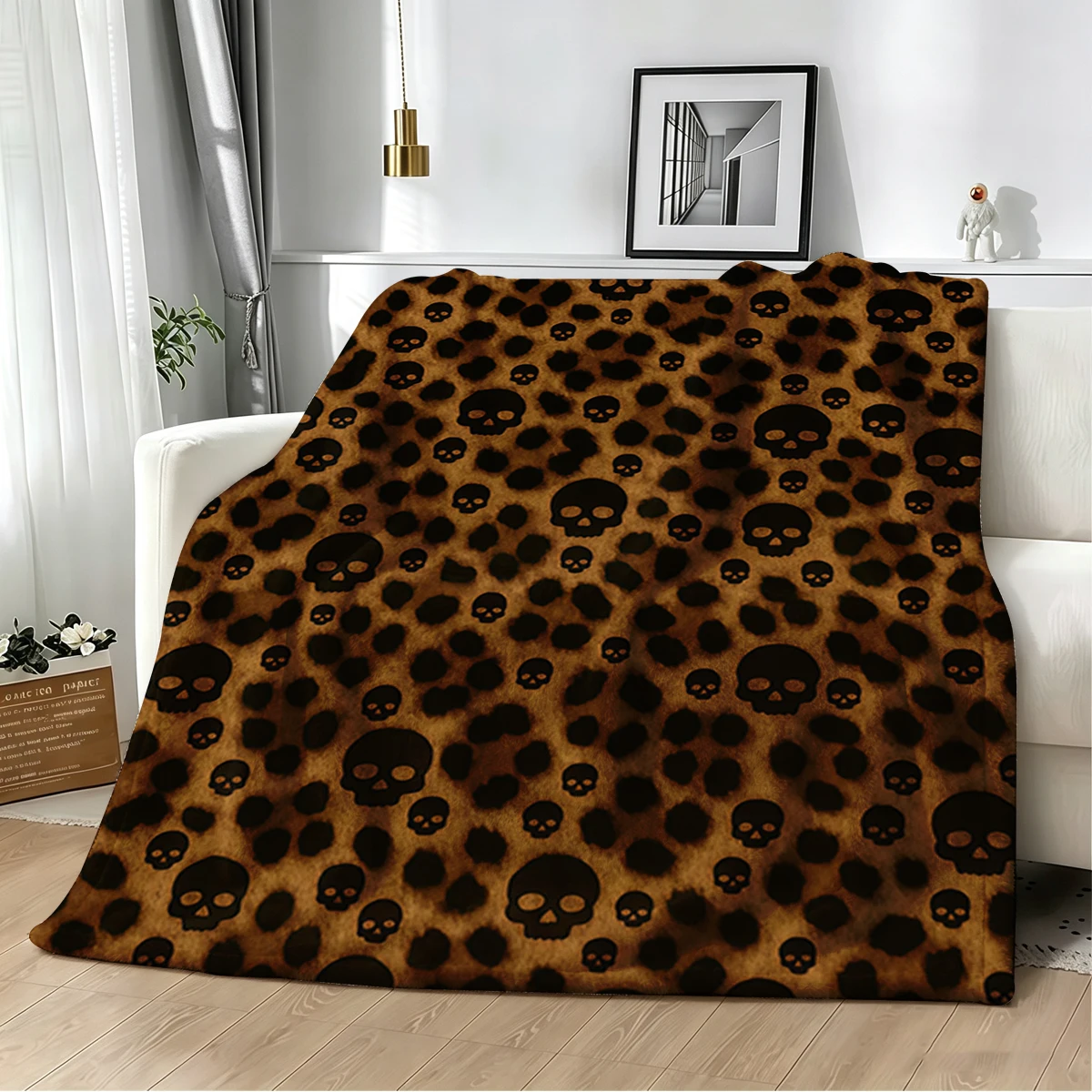 Skull Leopard  Flannel Blanket Warm Soft Halloween Christmas Couch Warm Cozy Decorative Decor Gift for All Season
