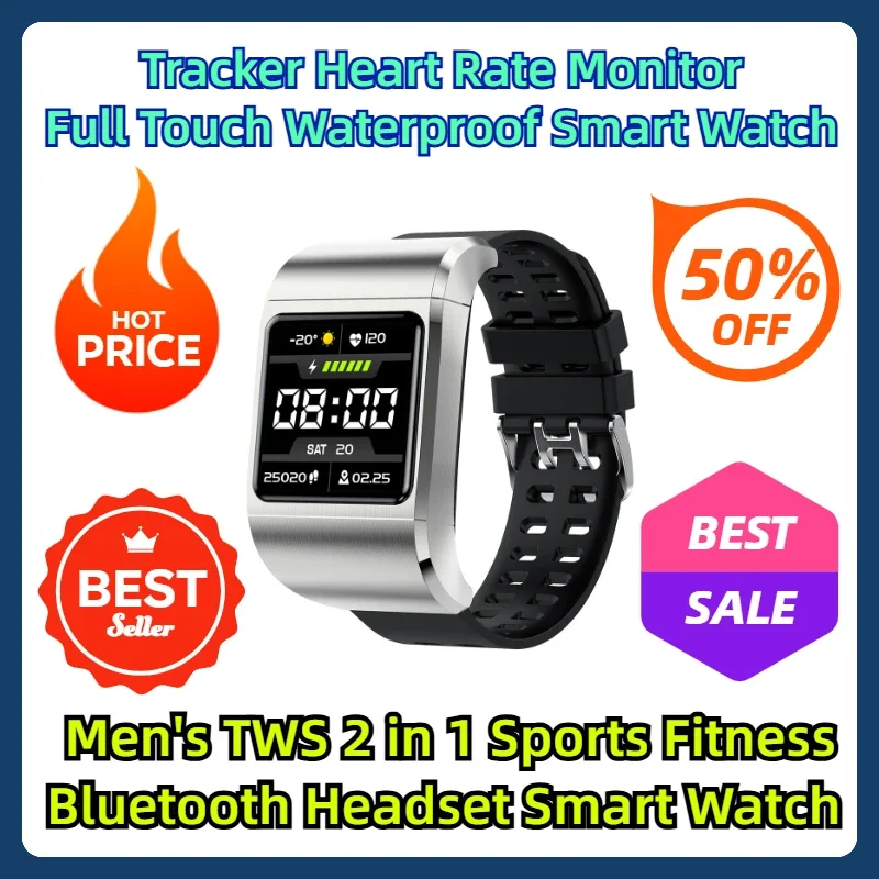 Tracker Heart Rate Monitor Full Touch Waterproof Smart Watch Men's TWS 2 in 1 Sports Fitness Bluetooth Headset Smart Watch