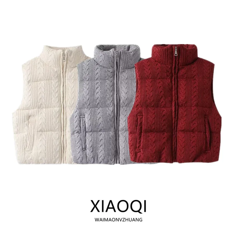 2024 Autumn Winter New Style Women's Knitted Cotton Vest Sleeveless Versatile Commuter Outerwear Stand Collar Zipper Closure