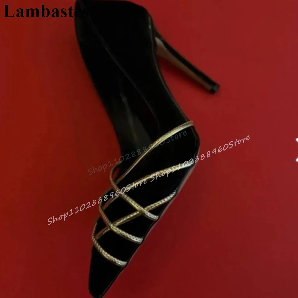 

Luxury Shallow Black Cross Gold Strip Pumps Stilettos High Heel Shoes For Women Slip On Pointed Toe Banquet Fashionable Pumps