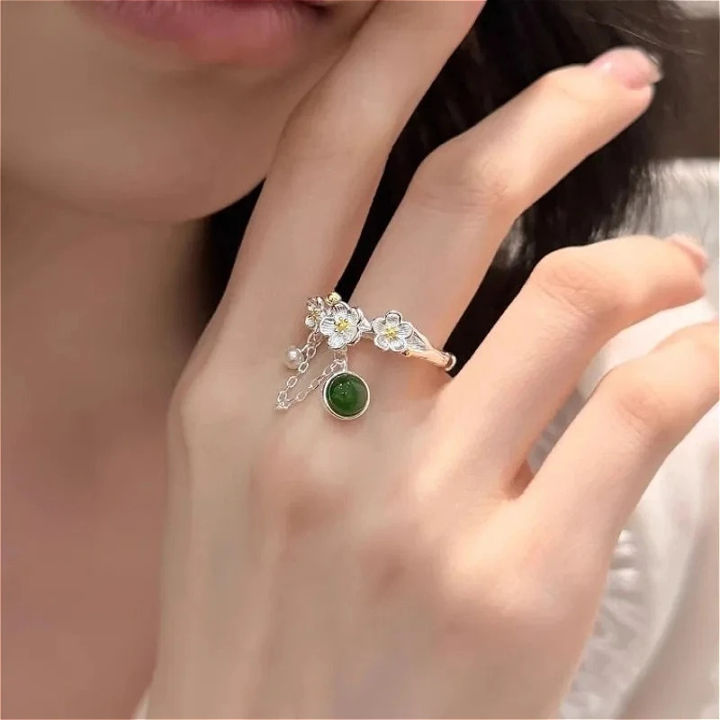 

925 Sterling Silver Chic Stereoscopic Flower Tassel Gardenia Petals Pearl Ring for Women Fine Jewelry Minimalist Accessories